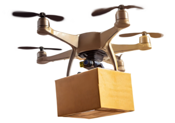 Drone flies and carries a cardboard box. Transportation of cargo ships of the future. City parcel delivery.