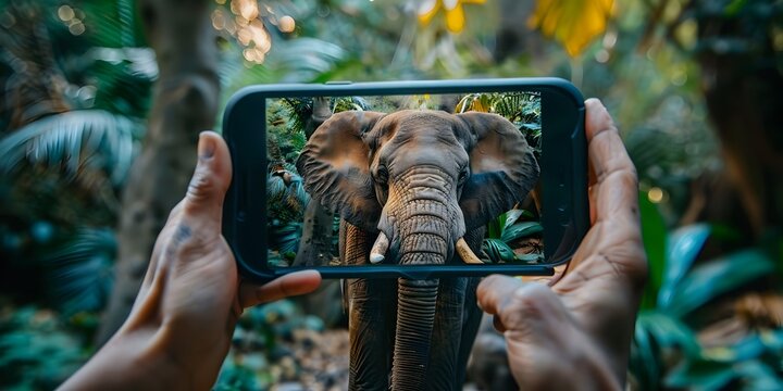 A person is holding a cell phone up to their eye to take a picture of an elephant. Concept of wonder and excitement as the person captures the majestic animal in its natural habitat