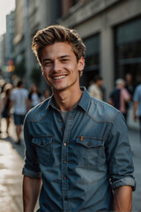 Junger, stilvoller Mann mit lächelndem Gesicht im Denim-Hemd in der Stadt