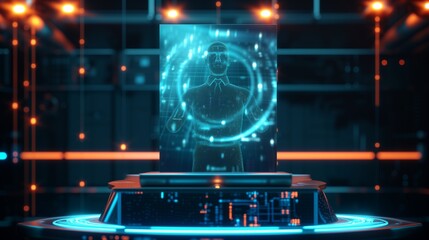 A holographic podium showcasing the AI-driven advancements in HR leadership, reflecting the transformative impact of technology on organizational governance - obrazy, fototapety, plakaty