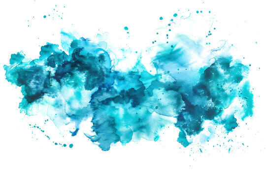 Turquoise and blue watercolor stains and smudges on white background.