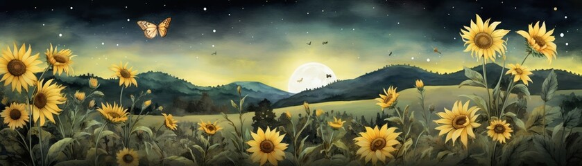 Moonflower and grasshoppers cycling tonal contrast watercolors illuminate sunflower fields - obrazy, fototapety, plakaty