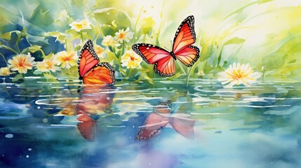 Fototapeta na wymiar Gloriosa lily and cabbage white butterflies bask in sunbathing foreshortening in watercolors