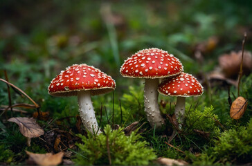beautiful closeup of forest fly agaric mushrooms