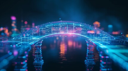 A holographic bridge connecting the realms of HR and AI, symbolizing the seamless integration of technology in crafting an efficient and adaptive workforce ecosystem.