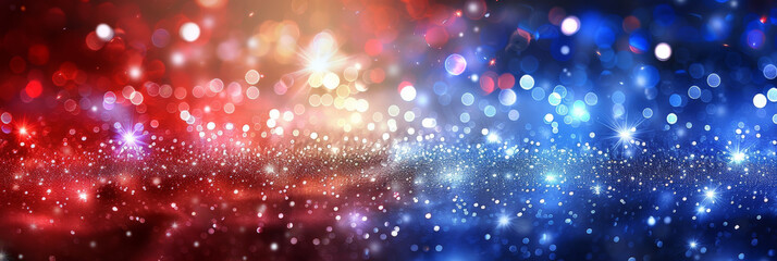Obraz premium Abstract red white and blue glitter background with bokeh lights, red blue glitter sparkle on dark background, blue red circle bokeh, defocused, banner