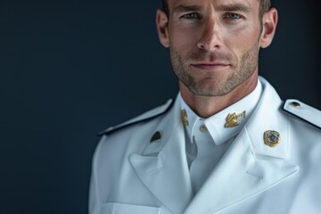Distinguished Navy officer in white dress uniform with a focused expression - obrazy, fototapety, plakaty