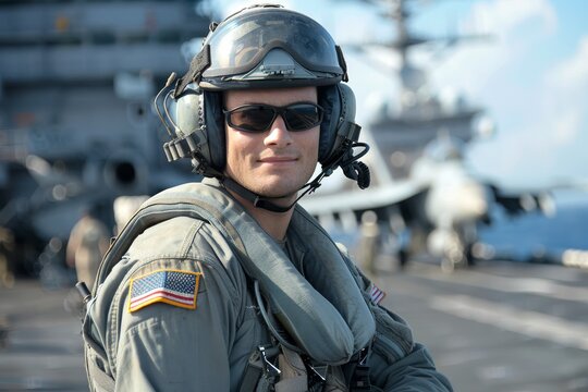 Naval aviator in uniform standing on an aircraft carrier deck