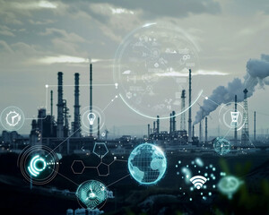 Sustainable energy icons superimposed on an industrial gas landscape vibrant - obrazy, fototapety, plakaty