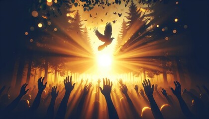 People lifting hands towards a mystical eagle soaring in rays of light in a forest, symbolizing hope and freedom. - obrazy, fototapety, plakaty