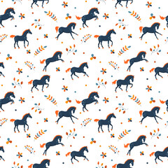 A herd of horses in nature, seamless vector pattern