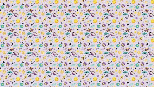 A seamless pattern of planets, stars, and rockets. Loop Background Animation