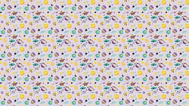 A seamless pattern of planets, stars, and rockets. Loop Background Animation