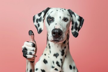 Dalmatian showing thumb up isolated on color solid background