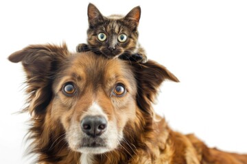Fototapeta premium Dog with cat on top of its head. White Background