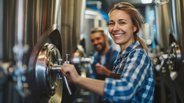 Professional brewery workers maintaining and cleaning stainless steel brewing machinery - Powered by Adobe