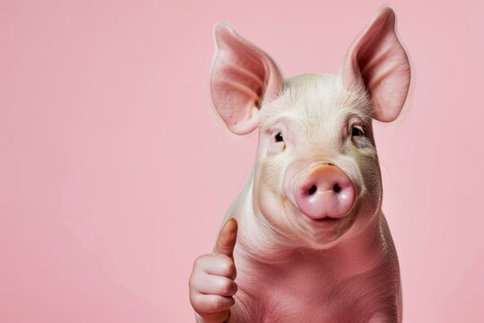 Pig showing thumb up isolated on color background
