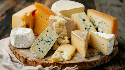 Assorted cheeses on a wooden board.