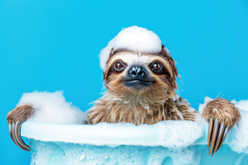 Fototapeta premium Portrait of a surprised sloth in Bath with foam isolated solid blue background