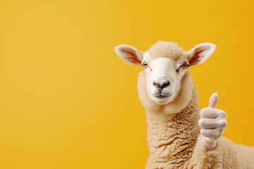 Sheep showing thumb up isolated on color solid background.