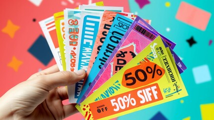A Hand Holding an Assortment of Colorful Discount Coupons Against a Vibrant Background and bold typography bursting against a minimalist backdrop. A single finger hovers over a "50% OFF" emblem.