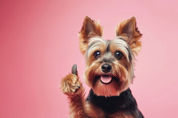 Yorkshire terrier showing thumb up isolated on color background