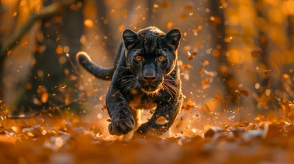 Tuinposter A Young Black Panther Moving Stealthily Through a Forest Bed Blanketed With Fallen Leaves © Studio PRZ