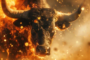 Foto op Plexiglas An angry bull facing the camera in realistic cinematic scene with fire particles, market trading concept. © Igor