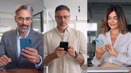 Collage diverse mature mix businessman, businesswoman working online on digital mobile phone app in office. 40s mature businesspeople, business man, woman entrepreneur using smartphone cell device - Powered by Adobe