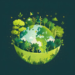 Ecology concept. World environment day vector illustration. Planet and trees.Harmonious Nature: A Vibrant Ecosystem Enveloping Earth - obrazy, fototapety, plakaty