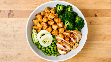 chicken with vegetables, rice with vegetables and chicken, chicken bowl, lunch, healthy meal, AI generated