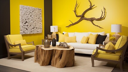 Add a yellow accent wall with a faux bois (wood grain) finish for rustic charm.