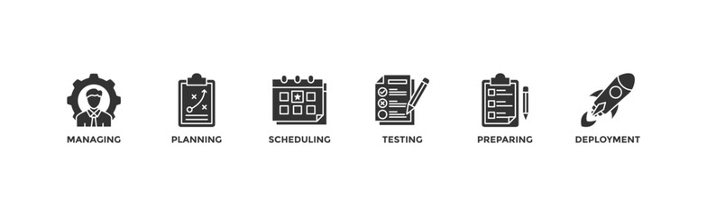 Release management banner web icon vector illustration concept with icon of managing, planning, scheduling, building, testing, preparing and deployment	