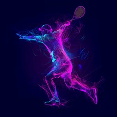 Abstract Energetic Tennis Player in Action with Vibrant Neon Light Trails