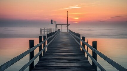 Obraz premium A wooden pier at misty dawn in a still sea