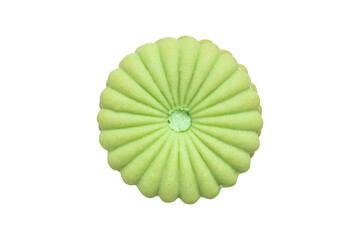 op view of green cream-filled vanilla cookie isolated on a white backbround