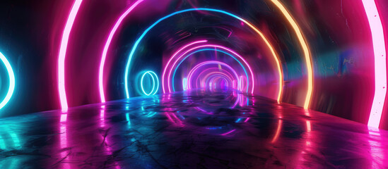 Neon tunnel with vibrant color reflections - obrazy, fototapety, plakaty
