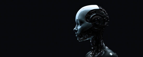 Fototapeta premium Robotic figure with blurred face on black
