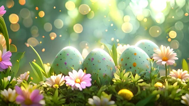 Painted Easter eggs on the grass. Easter eggs for hunt. Sunny positive climate. Beautiful surroundings and cheerful animation. Spring sunlight and fresh flowers in the wind 4k video colorful