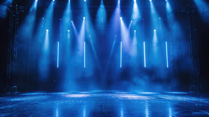 Blue theatrical stage lights with smoke - obrazy, fototapety, plakaty
