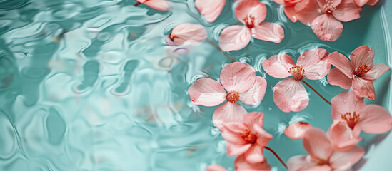 Serene water surface with pink blossoms