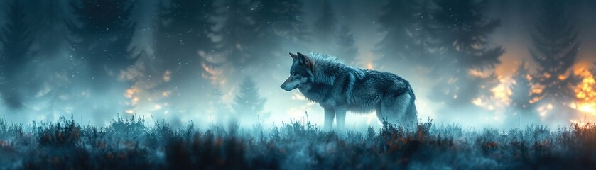 Pneumatic wolf prowling, foggy forest, night, low angle, iron and steam, eerie illustration - obrazy, fototapety, plakaty