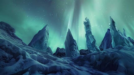 Sculptures of ice under aurora sky, night, low angle, ethereal spectacle, concept illustration - obrazy, fototapety, plakaty