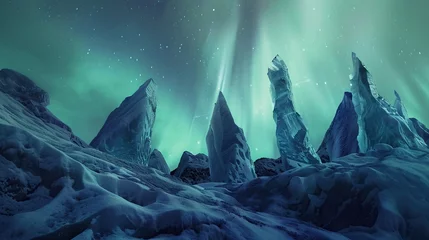 Fototapeten Sculptures of ice under aurora sky, night, low angle, ethereal spectacle, concept illustration © Phawika