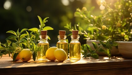 Essential Oils and Lemons on a Wooden Surface: Aromatic Citrus Delight

 - obrazy, fototapety, plakaty