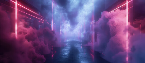 Mystical alley with fog and neon lights