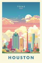 Houston city retro poster abstract colored vector illustration, Texas