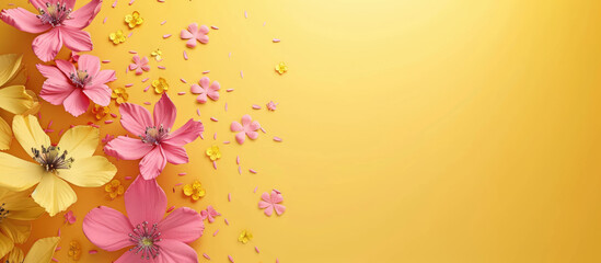 Pastel flowers scattering on a yellow background