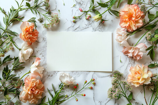 White blank card surrounded by fresh flowers on marble background. Flat lay composition with copy space. Wedding invitation and spring concept for design and print
