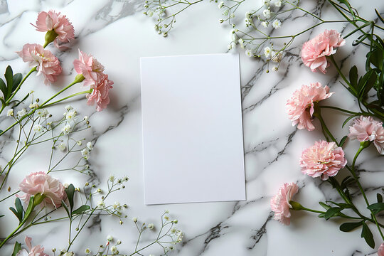White blank card surrounded by fresh flowers on marble background. Flat lay composition with copy space. Wedding invitation and spring concept for design and print